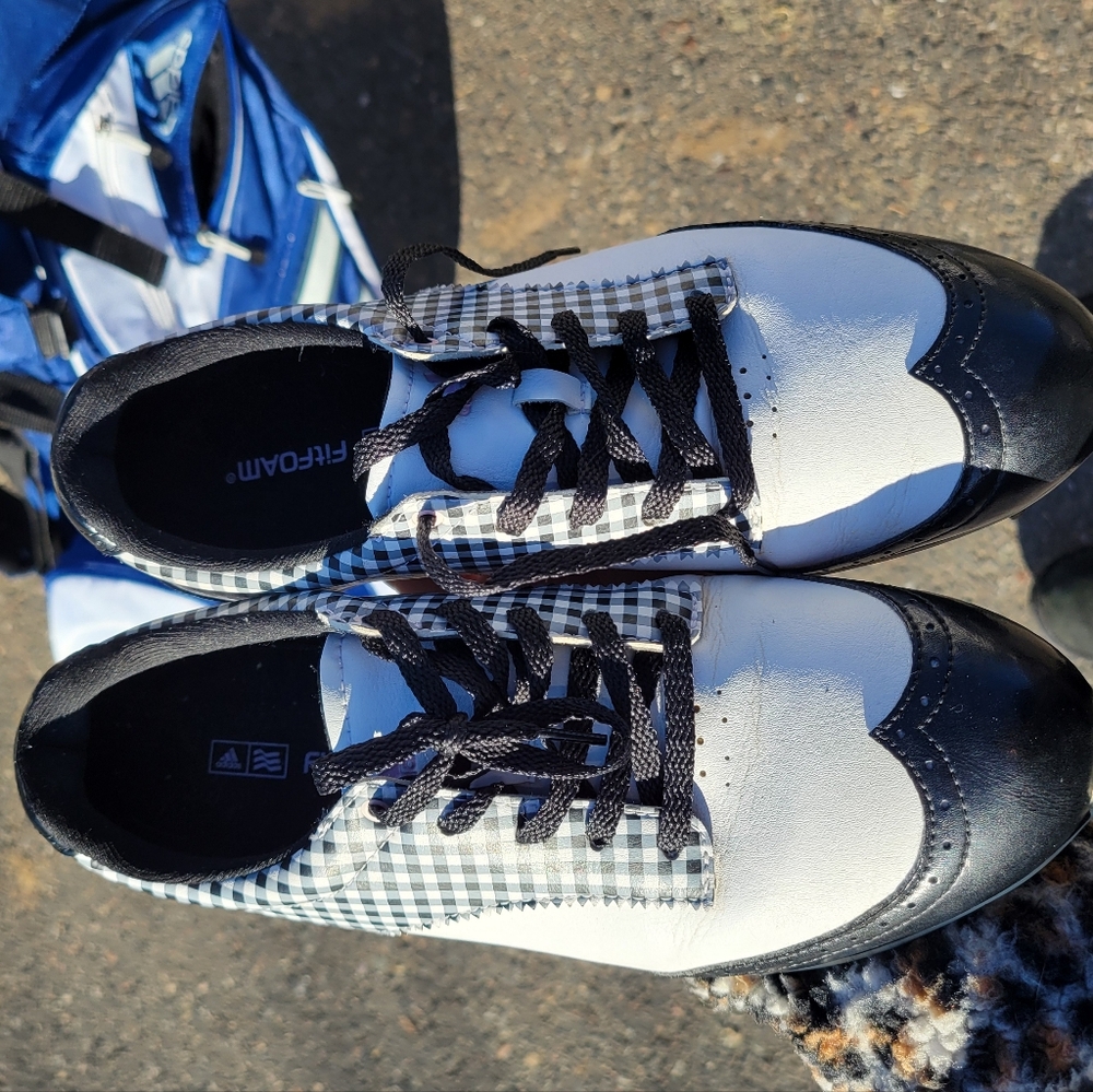 Adidas Women’s DRIVER GRACE Derby Golf Shoes Sz 7 White Black Plaid Wing Tips